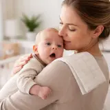 Mamma abbraccia il suo bimbo, che ha un piccolo singhiozzo dopo poppata. La culla e un orsetto sullo sfondo.