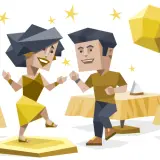 Impreza w stylu ESFP: tańcząca para, mężczyzna przy stole, kobieta rozmyślająca. Gwiazdki i złote kule dodają magii.