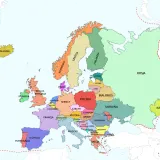 Mapa Europy z zaznaczonymi krajami. Francja, sąsiadująca z Hiszpanią i Niemcami, jest oznaczona kolorem fioletowym.