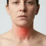 Kobieta z zaczerwienionym gardłem, odczuwająca pieczenie po przełknięciu, być może z powodu jakości spirytusu.