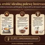 Instrukcja krok po kroku, jak przygotować idealną polewę lustrzaną z żelatyną. Proces obejmuje gotowanie syropu, tworzenie emulsji czekoladowej i blendowanie.