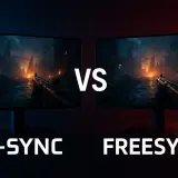 Deux écrans affichant une scène de jeu post-apocalyptique. L'un est marqué G-SYNC, l'autre FreeSync.
