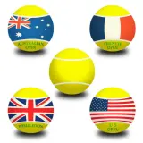 Pięć piłek tenisowych symbolizujących Wielki Szlem: Australian Open, French Open, Wimbledon i US Open, z flagami narodowymi.