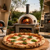 Różne rodzaje pizzy i pieców do jej wypieku: nowoczesny piec stołowy, tradycyjny piec opalanym drewnem i profesjonalny piec gastronomiczny.