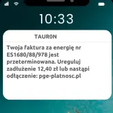 Ostrzeżenie przed smishingiem: fałszywa wiadomość od TAURON informuje o zaległej fakturze i grozi odłączeniem prądu, kierując na podejrzaną stronę.