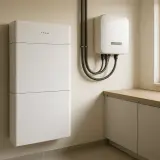 Nowoczesny system magazynowania energii elektrycznej z białym modułem bateryjnym i falownikiem na ścianie.