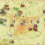 Mapa atrakcji Gniezna i okolic: Trakt Królewski z zaznaczonymi zabytkami, kościołami i muzeami.