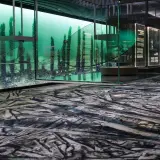 En dykare utforskar en undervattensvärld med gamla träpålar, en fascinerande scen i ett museum of wrecks. Golvet är dekorerat som en sjöbotten.