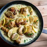 Succulento petto di pollo al limone in padella, guarnito con fette di limone fresco e prezzemolo tritato.