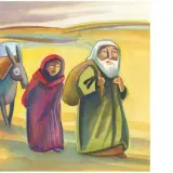Abraham und Sara ziehen mit einem Esel durch eine karge Landschaft.