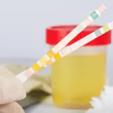 Rękawiczka trzyma paski testowe do analizy moczu, obok pojemnika z żółtym płynem. Wyniki mogą wskazywać na poziom kwasu moczowego w surowicy.