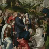 Scena biblijna: Jezus wskrzesza Łazarza. Wokół tłum ludzi, w tym Maria i Marta.