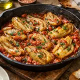 Poêlée de fenouil braisé dans une sauce tomate épicée, garnie de persil frais. Une délicieuse recette fenouil à partager.