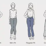 Vier schematische Darstellungen von Frauen mit unterschiedlichen Hosenschnitten: Skinny, Slim, Regular und Comfort Fit.