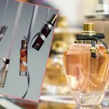 Perfumy Zara Gardenia odpowiednik. Eleganckie flakoniki z wstążkami, w tym "Hypnotic Vanilla" i "Golden Decade", obok dużej, ozdobnej butelki.