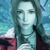 Aerith z Final Fantasy VII Rebirth z zielonymi oczami i w czerwonej kurtce, w tle migoczące światła.
