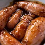 Hähnchenbrustfilets in einer dunklen Teriyaki-Marinade, bereit für das Hähnchen Teriyaki Rezept.