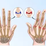Vergleich von gesunden und entzündeten Gelenken der Hand, die chronische Polyarthritis zeigen.