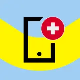 Czarny symbol telefonu z czerwonym krzyżem na tle falujących żółto-niebieskich pasów. Symbolizuje roaming play, łączność i pomoc.