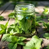 Bocal rempli d'orties, prêt à devenir un purin d'ortie efficace contre les pucerons. Des feuilles d'ortie parsèment la table en bois.