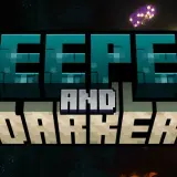 Napis "DEEPER AND DARKER" w stylu Minecraft, otoczony mrocznym, podziemnym krajobrazem z świecącymi grzybami.