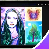 Bunte Illustrationen auf einem iPad mit Procreate: Porträt einer Frau, Schmetterling und Bäume.