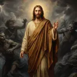 Jezus w otoczeniu demonów, które przypominają faryzeuszy, symbolizując walkę dobra ze złem.
