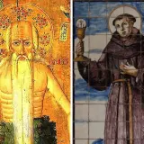 Dos imágenes religiosas: un hombre barbudo con halo y un monje con cáliz. Celebrando el santa alicia dia.