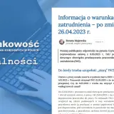 Laptop z napisem "rachunkowość Aktualności" i fragmentem artykułu o zmianach w warunkach zatrudnienia.