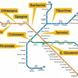 Mappa della metro di Roma con le linee A, B, B1 e C. La linea arancione collega Ottaviano, Spagna, Colosseo, Piramide e prosegue verso Anagnina, passando per la fermata metro Centocelle.