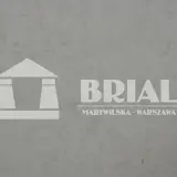 Szary, subtelnie żyłkowany biały marmur włoski z logo BRIAL na tle.