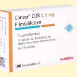 Opakowanie leku Concor COR 2,5 mg, zawierające 100 tabletek powlekanych, stosowanych w leczeniu niewydolności serca.