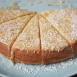 En saftig silviakaka rund, skuren i bitar och strödd med kokosflingor. Perfekt för fikat!