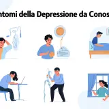 Illustrazioni di persone che mostrano sintomi di depressione, ma con piccoli segnali di ripresa dalla depressione, come un accenno di sorriso o un gesto di apertura.