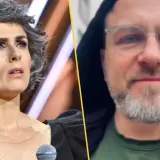 Natalia Niemen z mężem. Artystka na scenie, obok niej zbliżenie na twarz mężczyzny w okularach i z brodą.