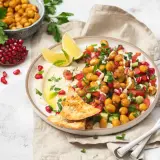 Bunter Kichererbsen Salat mit Granatapfelkernen, Tomaten, Gurken und Hummus, garniert mit Minze und serviert mit Pitabrot.