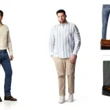 Dos hombres modelan vestimenta business casual: uno con camisa beige y jeans, otro con camisa a rayas y pantalones caqui.