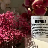 Kubek z napisem "Jadwiga" i opisem imienia, otoczony delikatnymi, różowymi kwiatami. Idealny prezent na imieniny Jadwigi.
