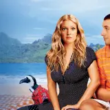 Drew Barrymore i Adam Sandler, czyli 50 pierwszych randek obsada, siedzą na plaży z pingwinem.