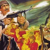 Działa navarony obsada: Gregory Peck na telefonie, mężczyzna strzela z karabinu, a w tle statek i klif.