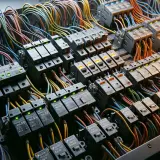 Panel z wieloma bezpiecznikami BM, różnymi rodzajami i kolorowymi przewodami.