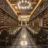 Interno della biblioteca di archeologia e storia dell'arte a Roma, con lunghe tavolate e scaffali pieni di libri antichi.