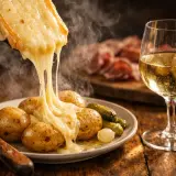 Raclette fondant sur des pommes de terre, accompagné d'un verre de Bourgogne Aligoté. Un délice réconfortant.