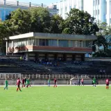 Młodzi piłkarze trenują na boisku. W tle widać trybuny i budynek, część stadionu Dynamo Kijów.