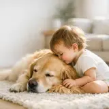 Bambino abbraccia un cane dorato, un'immagine di affetto che non deve far dimenticare le possibili malattie trasmesse dai cani ai bambini.