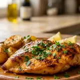 Une escalope de poulet dorée et juteuse, garnie de persil frais, servie avec des pommes de terre rôties et des quartiers de citron.