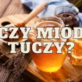 Słodki miód w słoiku i plastrze, a obok lawenda. Czy miód tuczy? Pytanie na drewnianym tle.