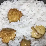 A close-up of fluffy white rice with sweet, glazed chestnuts scattered throughout. This chestnut rice looks delicious and comforting.
