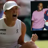 Iga Świątek świętuje zwycięstwo, a obok niej w ramce zdjęcie młodej Venus Williams i jej trenera.