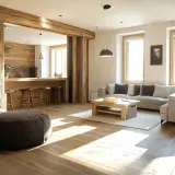 Rustikale Holzbalken und Dielen schaffen ein warmes Ambiente. Ein gemütliches Sofa und ein Holztisch passen perfekt zu diesem Stil, der zeigt, was zu Eiche rustikal passt.